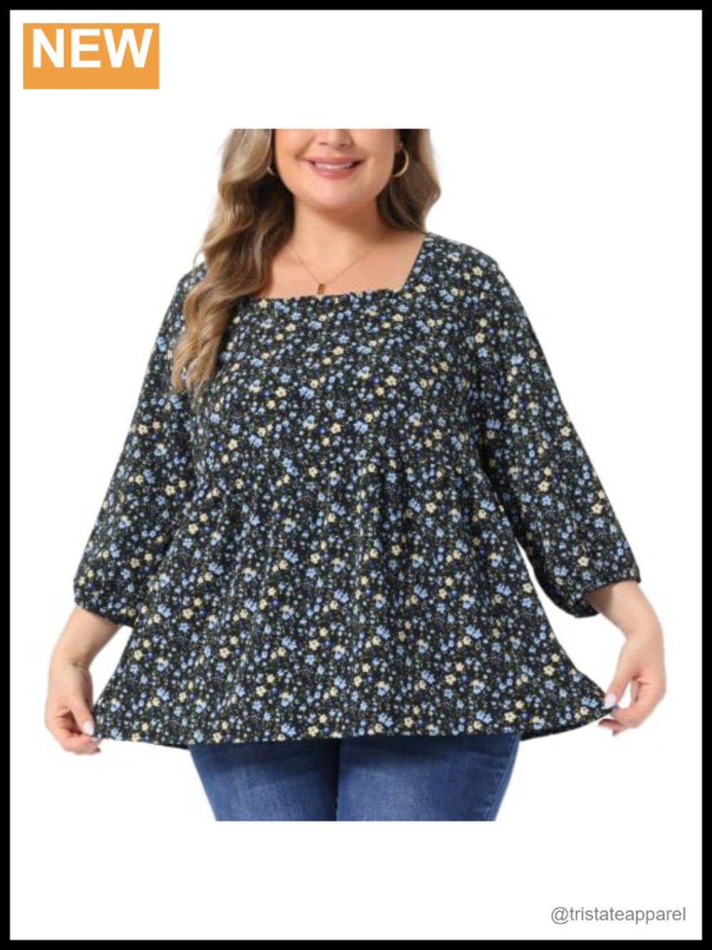 Plus Size Floral Peplum Babydoll Blouse 3/4 Sleeve Square Neck